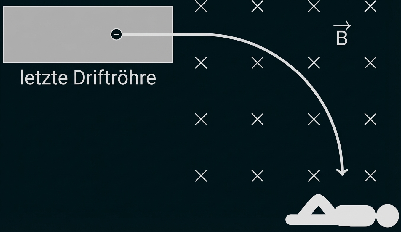 Elektron verlässt Driftröhre, wird im Magnetfeld nach unten abgelenkt und trifft eine liegende Person.